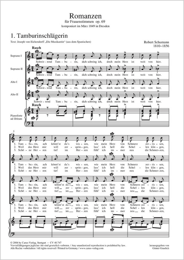 Romanzen op.69 für Frauenchor&nbsp;&nbsp;(SSAA) und Klavier&nbsp;&nbsp;