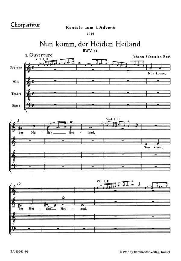 Nun komm, der Heiden Heiland&nbsp;&nbsp;Kantate Nr.61 BWV61&nbsp;&nbsp;Chorpartitur