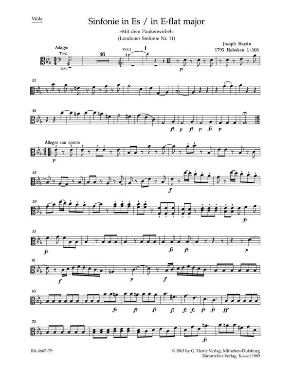 Sinfonie Es-Dur Hob I:103&nbsp;&nbsp;für Orchester&nbsp;&nbsp;Viola