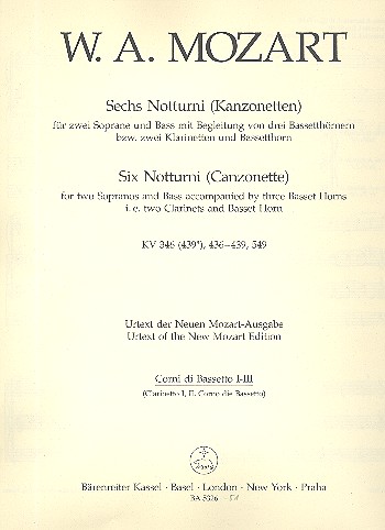 6 Notturni für 2 Soprane, Bass und  3 Bassetthörner (2 Klar, 1 Bassetthorn)  Bläserpartitur