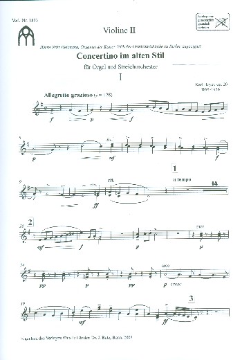 Concertino im alten Stil G-Dur op.20  für Orgel und Streichorchester  Violine 2