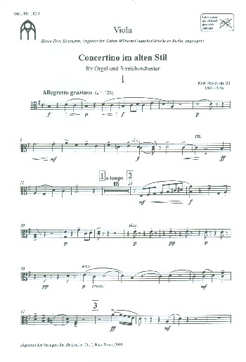 Concertino im alten Stil G-Dur op.20  für Orgel und Streichorchester  Viola