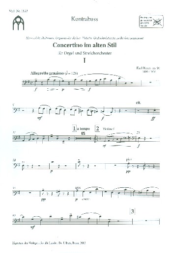 Concertino im alten Stil G-Dur op.20  für Orgel und Streichorchester  Kontrabass