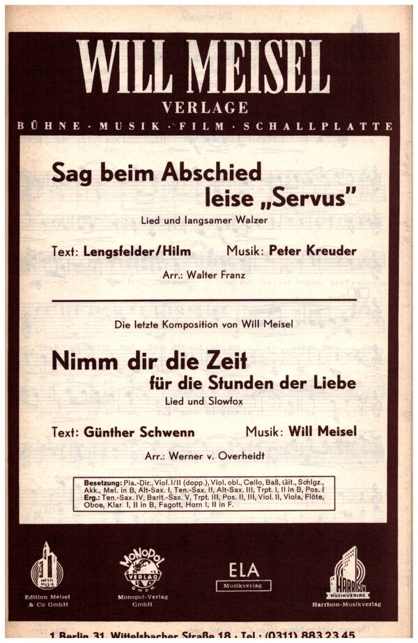 'Sag beim Abschied leise Servus' und 'Nimm dir die Zeit'&nbsp;&nbsp;für Salonorchester (Kopie)&nbsp;&nbsp;