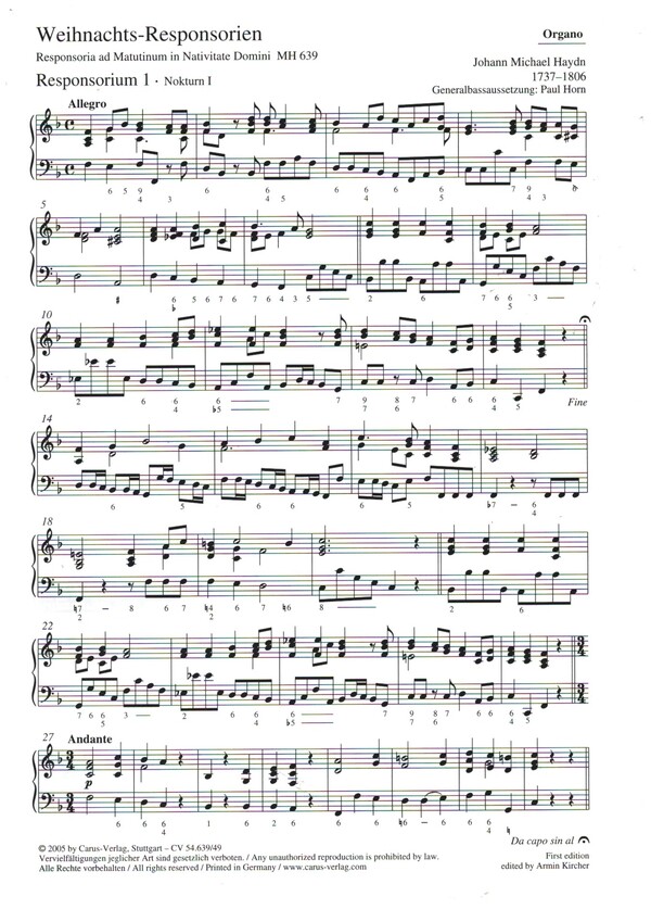 Weihnachts-Responsorien MH639  für gem Chor, 2 Violinen, Orgel und Bc  Orgel