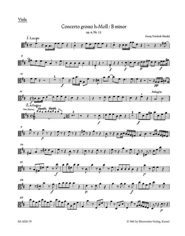Concerto grosso h-Moll op.6,12&nbsp;&nbsp;HWV330 für Orchester&nbsp;&nbsp;Viola