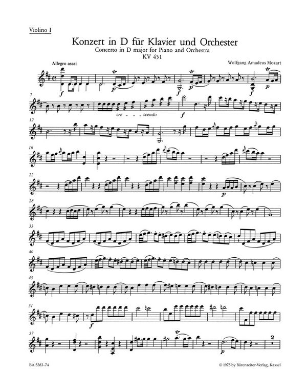 Konzert D-Dur KV451&nbsp;&nbsp;für Klavier und Orchester&nbsp;&nbsp;Violine 1