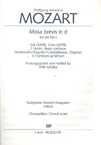 Missa brevis d-Moll KV65&nbsp;&nbsp;für Soli, Chor und Orchester&nbsp;&nbsp;Chorpartitur
