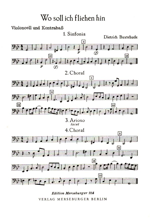 Wo soll ich fliehen hin für Soli,&nbsp;&nbsp;gem Chor, Streichorchester ud Orgel&nbsp;&nbsp;Violoncello / Kontrabass