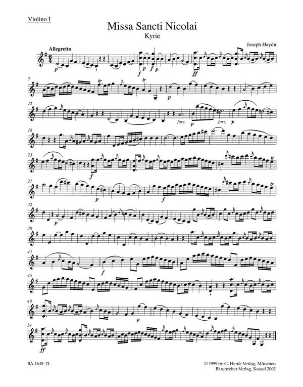 Missa Sancti Nicolai G-Dur Hob.XXII:6&nbsp;&nbsp;für Soli, Chor und Orchester&nbsp;&nbsp;Violine 1