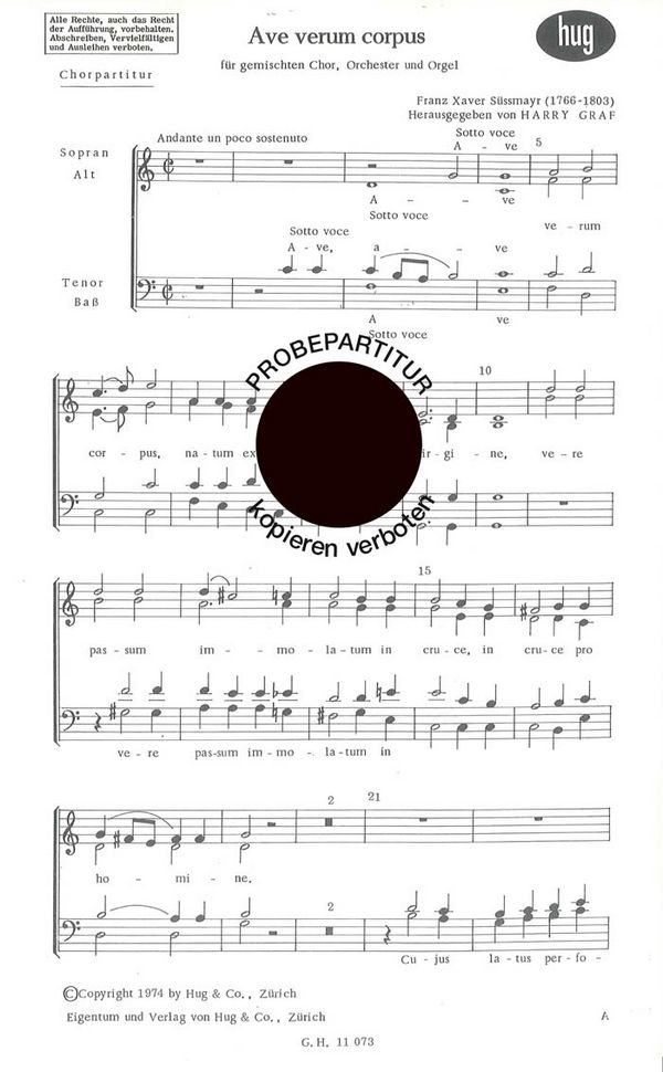 Ave verum corpus für Chor,  Orchester und Orgel  Singpartitur