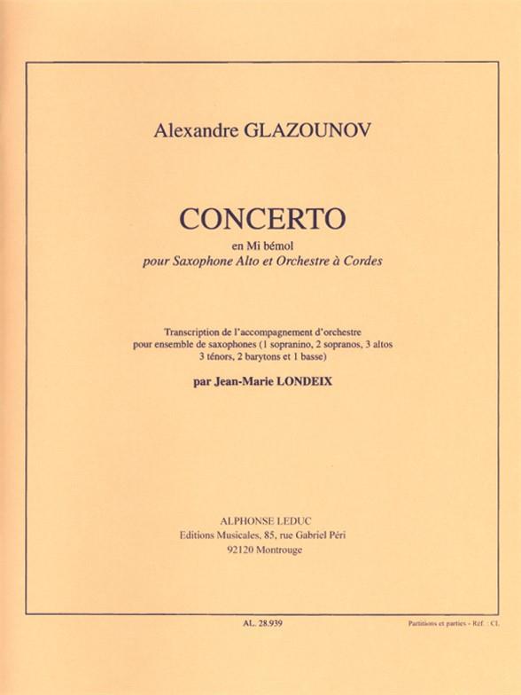 Concerto Mi bemol Major op.109 pour Saxophone  Alto et Orchestre a Cordes pour ensemble de  saxophones (si/2s/3a/3t/basse) Partition et Parties