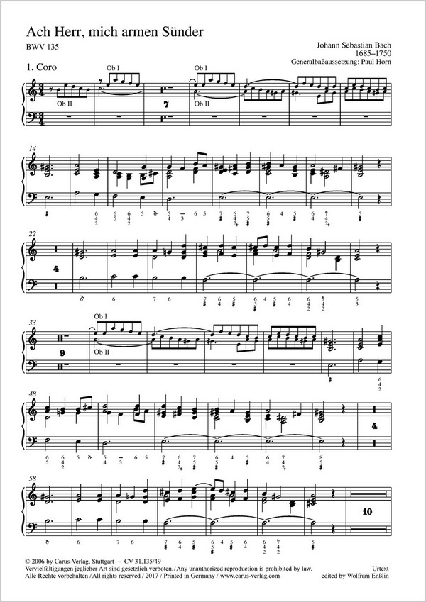 Ach Herr, mich armen Sünder BWV135&nbsp;&nbsp;für Soli, gem Chor und Orchester&nbsp;&nbsp;Orgel