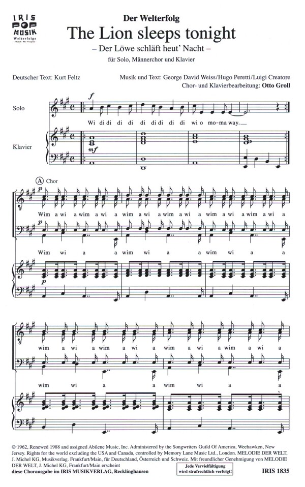 The Lion sleeps tonight  für Männerchor und Klavier  Klavierpartitur (dt/en)