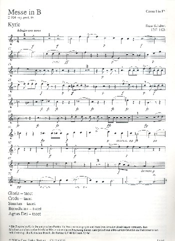 Messe B-Dur D324 op.posth.141&nbsp;&nbsp;für Soli, gem Chor und Orchester&nbsp;&nbsp;Zusatzstimmen (Horn 1, Posaune 1-3)
