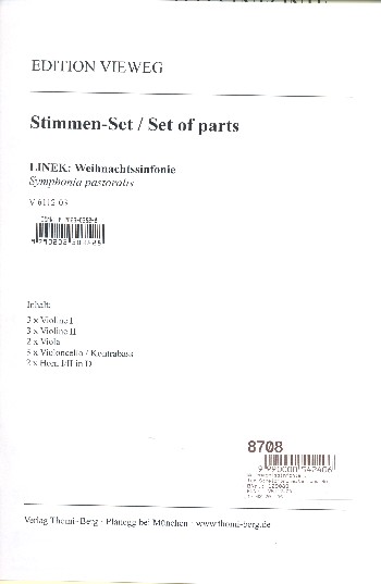 Weihnachtssinfonie  für Streichorchester und Bc (2 Hörner ad lib)  Stimmensatz (Hörner-3-3-2-3)