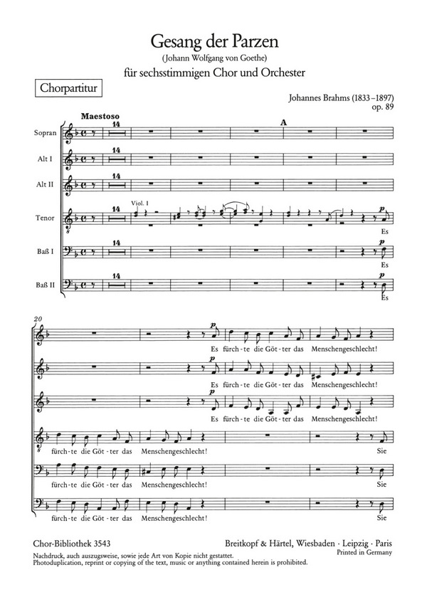 Gesang der Parzen op.89&nbsp;&nbsp;für gem Chor (SAATBB) und Orchester&nbsp;&nbsp;Chorpartitur