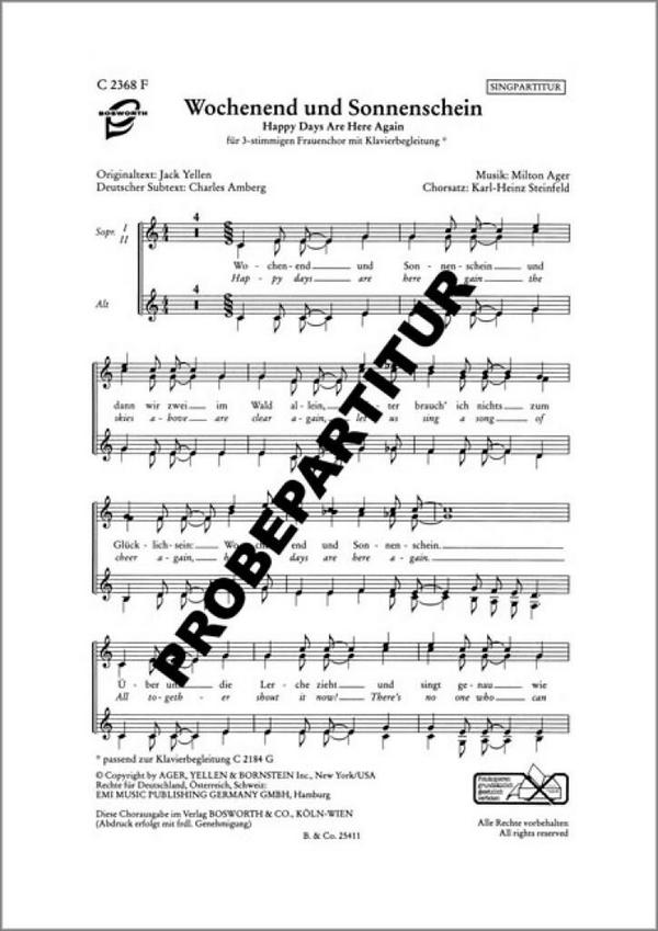 Wochenend und Sonnenschein&nbsp;&nbsp;für Frauenchor und Klavier&nbsp;&nbsp;Chorpartitur