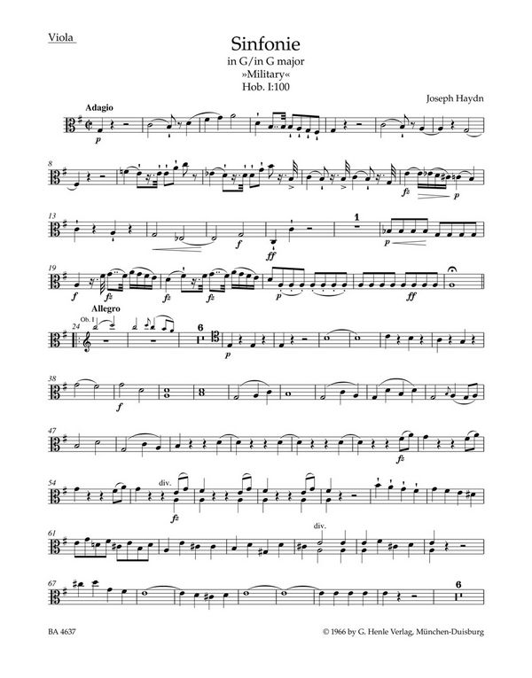 Sinfonie G-Dur Nr.100 Hob.I:100&nbsp;&nbsp;für Orchester&nbsp;&nbsp;Viola