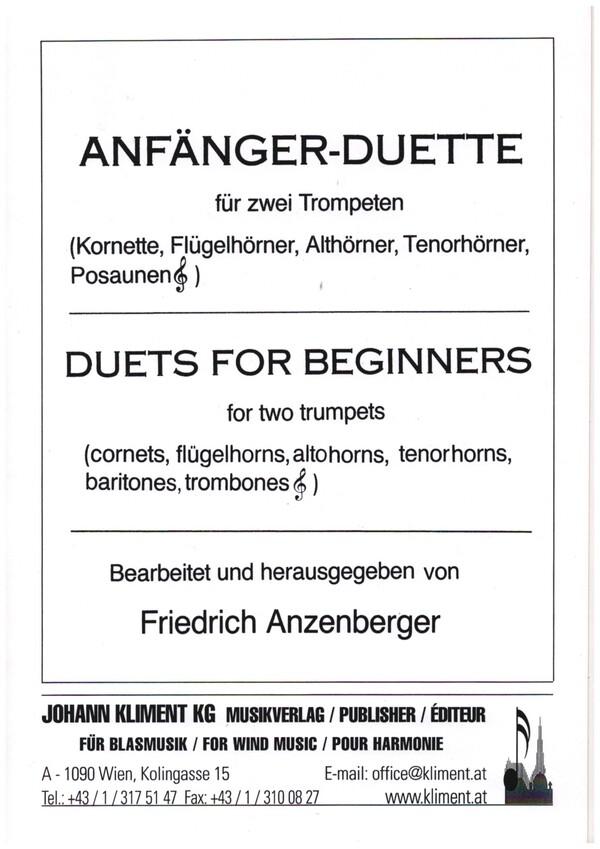 Anfänger-Duette   für 2 Trompeten (Kornette, Hörner, Posaunen im Violinschlüssel)  2 Spielpartituren