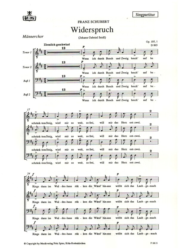Widerspruch op.105,1 D865 für&nbsp;&nbsp;Männerchor und Klavier&nbsp;&nbsp;Chorpartitur