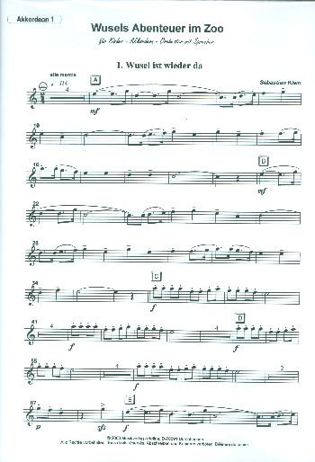 Wusels Abenteuer im Zoo  für Sprecher und Akkordeonorchester  Stimmenset (Akkordeon 4-4-4-3)