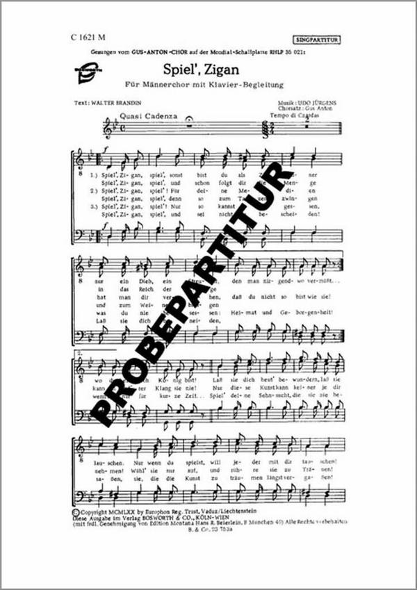 Spiel Zigan  für Männerchor und Klavier  Partitur