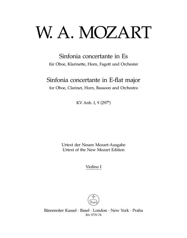 Sinfonia concertante Es-Dur KV297b für Oboe,&nbsp;&nbsp;Klarinette, Horn, Fagott und Orchester&nbsp;&nbsp;Violine 1