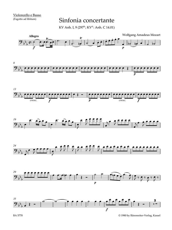 Sinfonia concertante Es-Dur KV297b für Oboe,&nbsp;&nbsp;Klarinette, Horn, Fagott und Orchester&nbsp;&nbsp;Cello / Bass