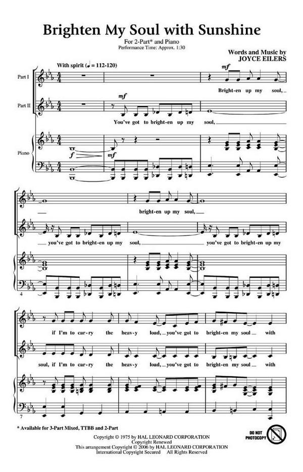 Brighten my Soul with Sunshine&nbsp;&nbsp;for 2-part chorus and piano&nbsp;&nbsp;