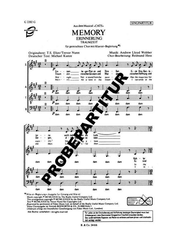 Memory aus 'Cats'&nbsp;&nbsp;für gem Chor und Klavier&nbsp;&nbsp;Chorpartitur