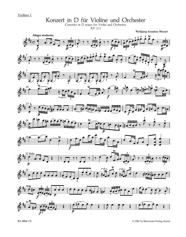 Konzert D-Dur KV211&nbsp;&nbsp;für Violine und Orchester&nbsp;&nbsp;Violine 1