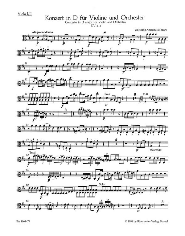 Konzert D-Dur KV211&nbsp;&nbsp;für Violine und Orchester&nbsp;&nbsp;Viola 1 und 2