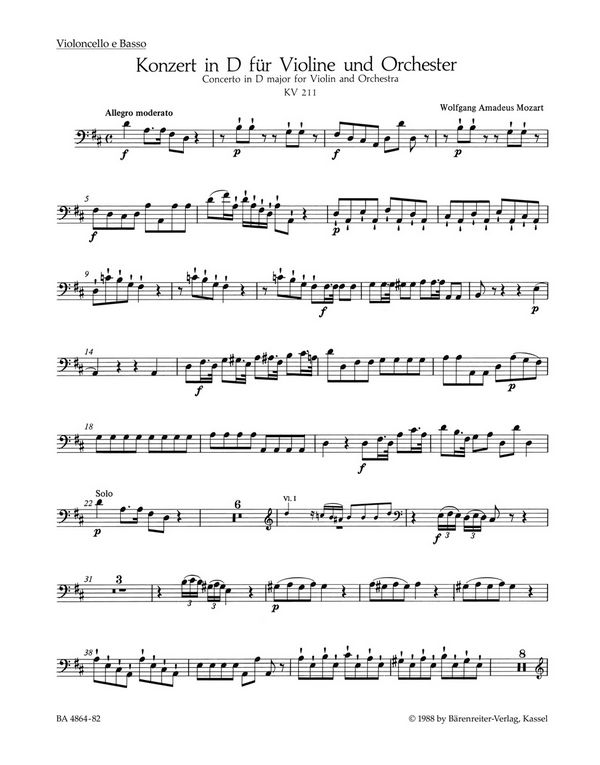 Konzert D-Dur KV211&nbsp;&nbsp;für Violine und Orchester&nbsp;&nbsp;Cello/Bass