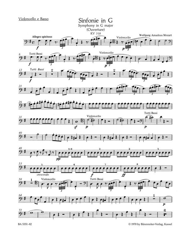 Sinfonie G-Dur KV318 für Orchester&nbsp;&nbsp;Violoncello/Kontrabass&nbsp;&nbsp;