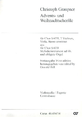 Advents- und Weihnachtschoräle  für gem Chor, 2 Violinen, Viola und Bc  Violoncello (Fagott/Kontrabass)