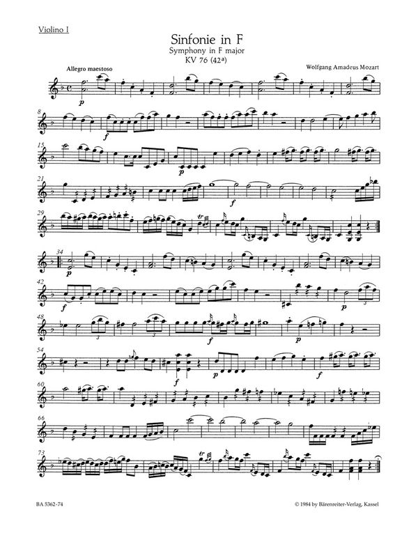 Sinfonie F-Dur KV76 (42a) für Orchester&nbsp;&nbsp;Violine 1&nbsp;&nbsp;