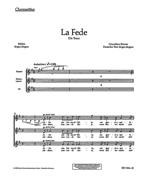 La Fede - Die Treue&nbsp;&nbsp;für Frauenchor (SMezA) mit Klavier&nbsp;&nbsp;Chorpartitur