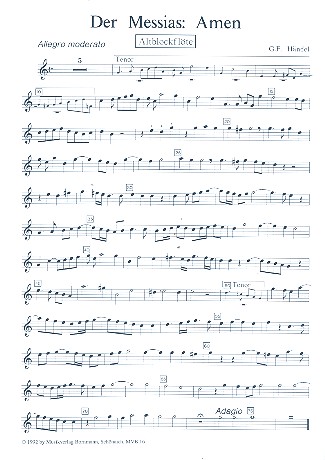 Amen  und  Hallelujah aus Der Messias  für 4 Blockflöten (SATB)  Altblockflöte