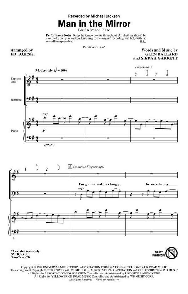 Man in the Mirror for mixed chorus (SAB)&nbsp;&nbsp;and piano&nbsp;&nbsp;score