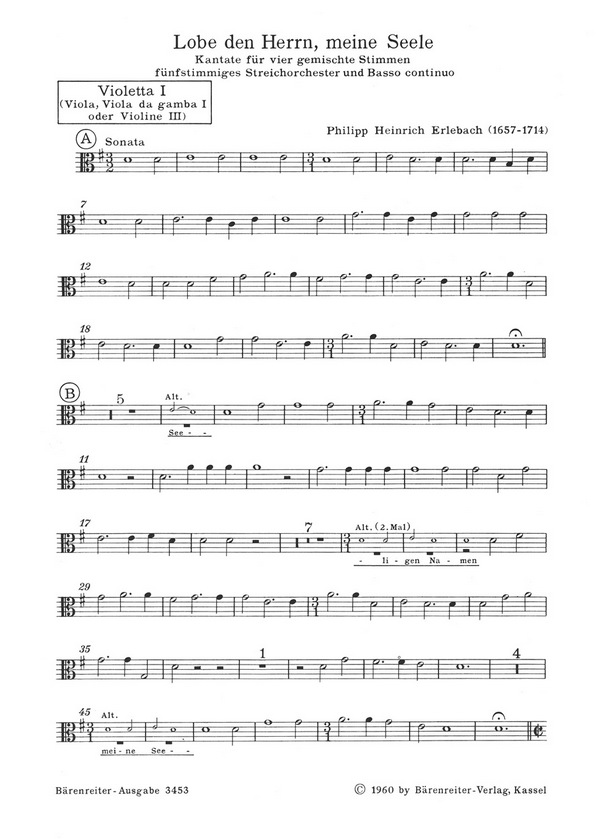 Lobe den Herrn meine Seele für  gem Chor, Streichorchester und Bc  Viola 1/Viola da gamba 1/Violetta 1/Violine 3