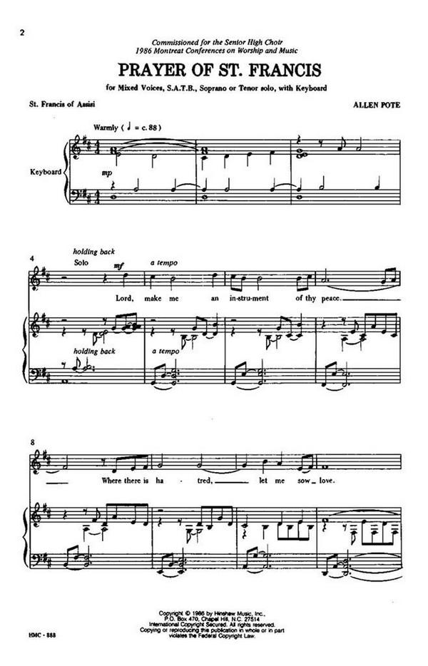 Prayer of St. Francis for soprano (tenor),&nbsp;&nbsp;mixed chorus and piano&nbsp;&nbsp;score