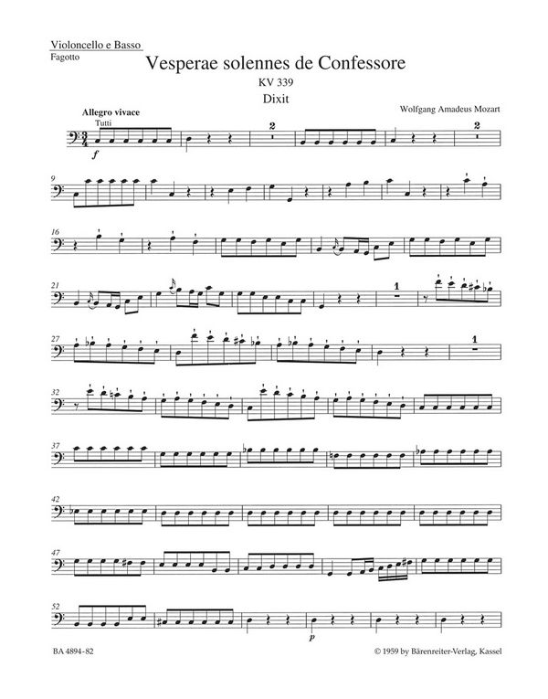 Vesperae solennes de Confessore KV339&nbsp;&nbsp;für Soli, Chor und Orchester&nbsp;&nbsp;Violoncello/Kontrabass/Fagott