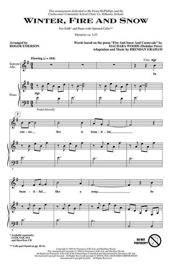 Winter, Fire and Snow for mixed  chorus (SAB) and piano (cello ad lib)  score