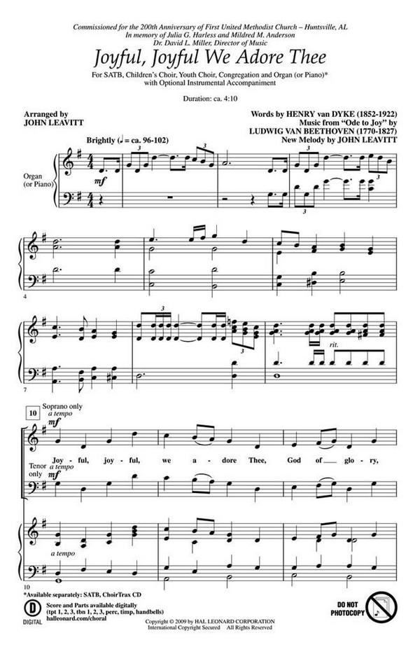 Joyful, joyful we adore Thee&nbsp;&nbsp;for mixed chorus and piano (organ)&nbsp;&nbsp;(instrumental ad lib.)  vocal score