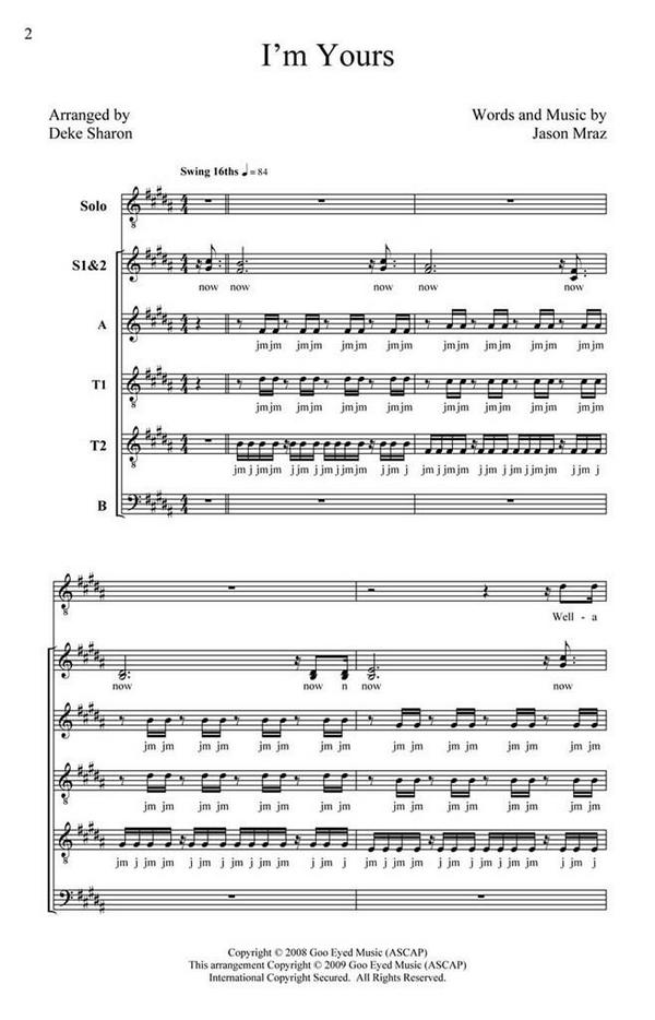I'm Yours for femal voice solo and&nbsp;&nbsp;mixed chorus (SSATTB) a cappella&nbsp;&nbsp;score
