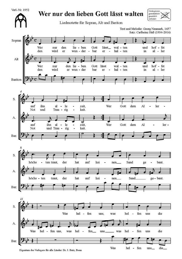 Wer nur den lieben Gott lässt walten  für gem Chor (SABar) a cappella  Partitur