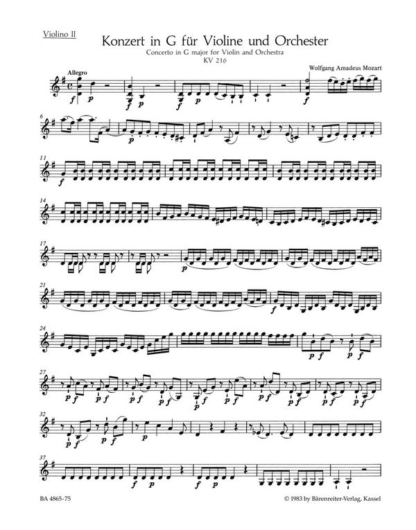 Konzert G-Dur KV216 für Violine&nbsp;&nbsp;und Orchester&nbsp;&nbsp;Violine 2