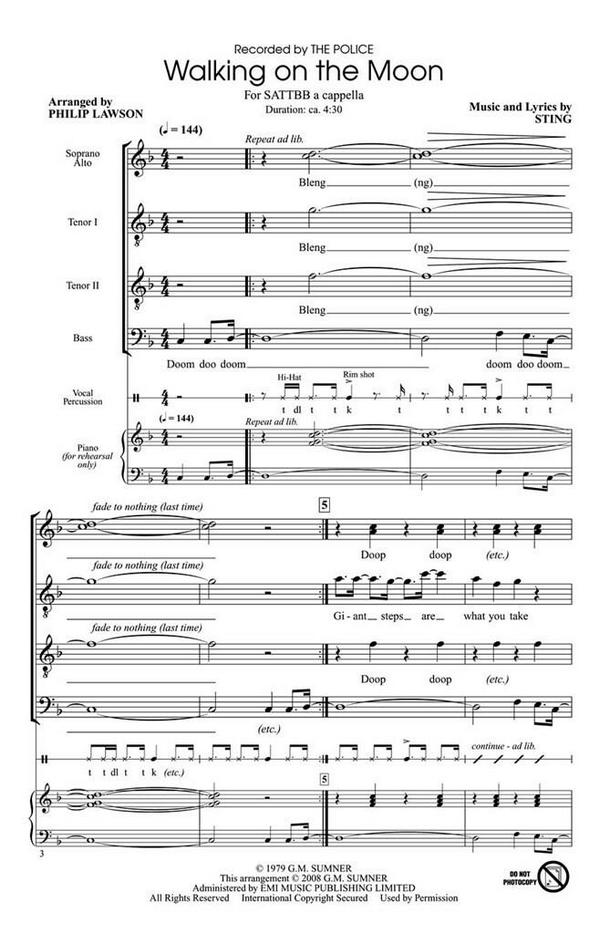 Walking on the Moon for mixed chorus  (SATTBB) a cappella  score