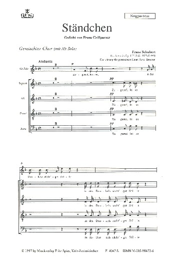 Ständchen op.135 D920 für  Alt Solo&nbsp;&nbsp;und gem Chor&nbsp;&nbsp;Chorpartitur